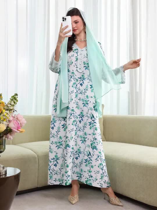 Yasmyna V-Neck Chiffon Lace Patchwork Floral Print Dress With