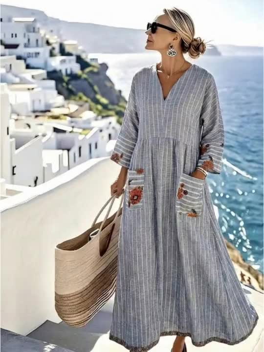 Breezaya Chic Blue Striped Long Smock Dress For Women Featuring V