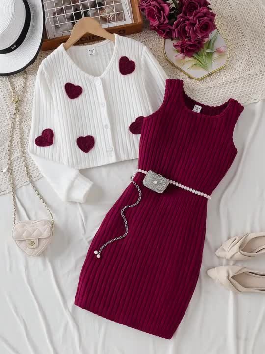 winter one piece dress in nepal SHEIN Tween Girls 2pcs Fall Warm Outfits Cozy Heart Long Sleeve Knit Cardigan And Thermal Ribbed Set Gold Rainbow Ball Gown Red And Color:Longan (Beige)/ Brown Trim People of any caste