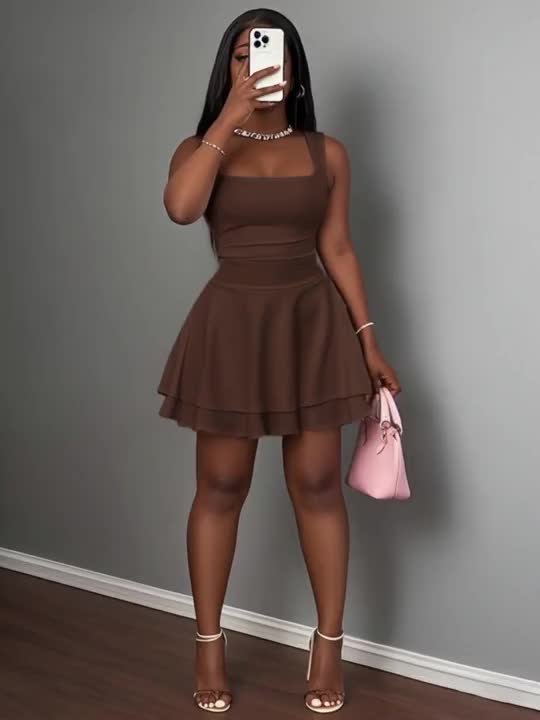 Slaydiva Women's Casual Basic Sweet Smocked Square Neck A-Line Short Dress,  Summer Coffee Brown Dress Brown Short Dress - Product Video