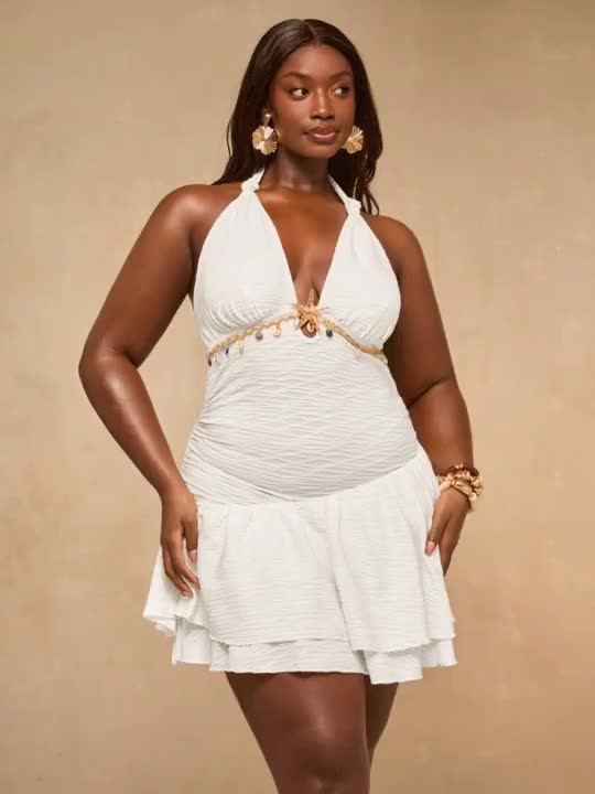 SHEIN BAE Plus Size White Textured Shell Decor V-Neck Mini Dress,Elegant Summer Holiday Party Outfits,Tropical Beach Vacation Clothing For Women,Curve Dress