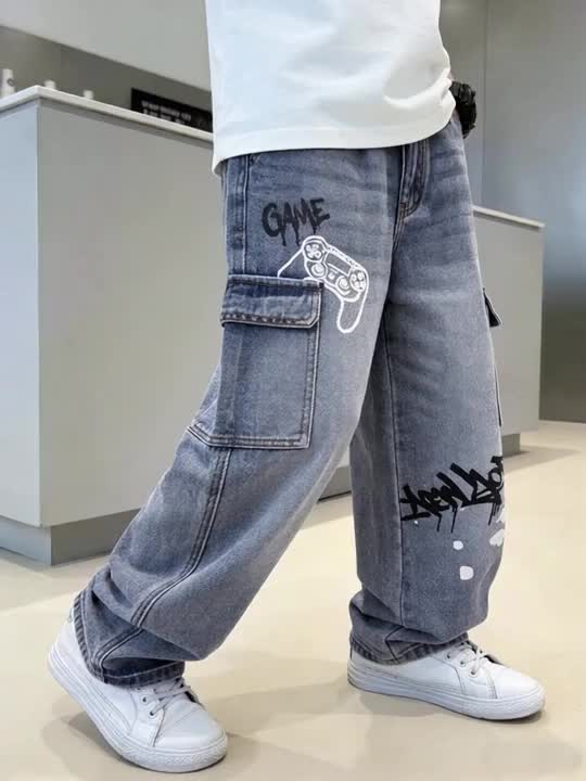 Coolqubz Tween Boys' Printed Cargo Jeans,Blue White Stripe,Autumn