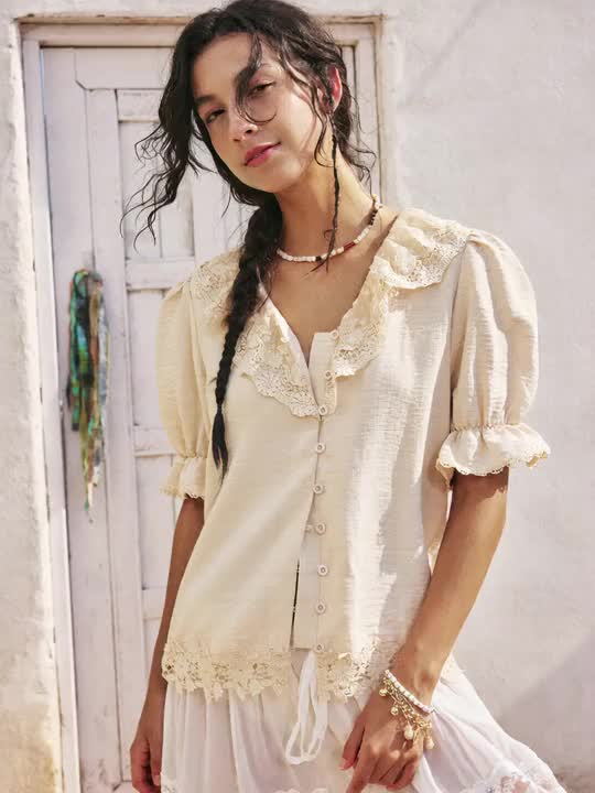 SoleilVie French Lace Patchwork V-Neck Blouse,Beige Linen Puff