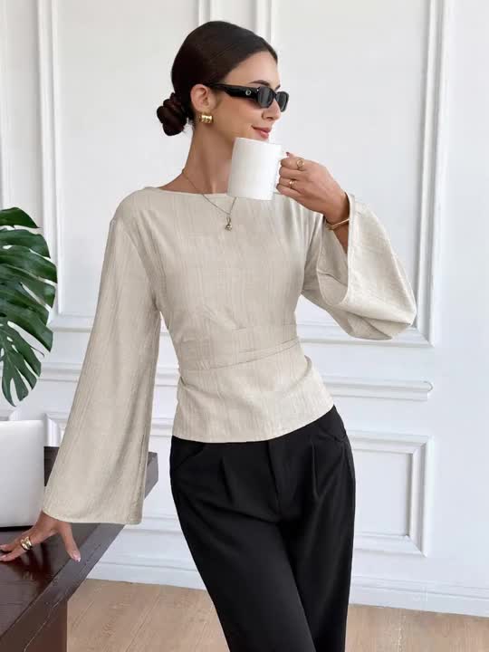 Serisse Women's Elegant Long Sleeve Blouse,Light Beige Boat Neck