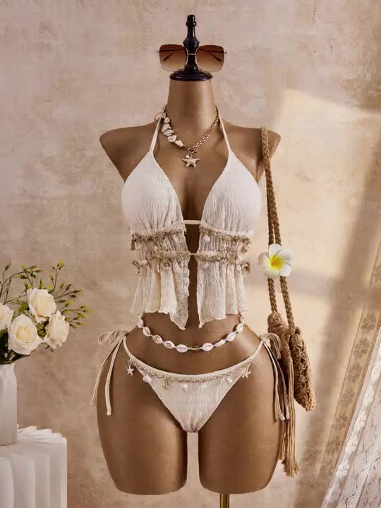 Bellisia Women's White Textured Shell Knot Halter Tankini,Boho