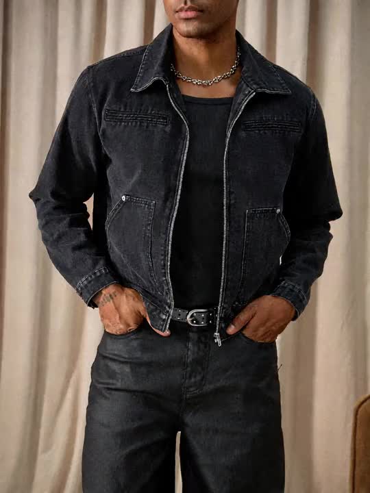 RivetRise Men Long Sleeve Casual Washed Black Short Denim Jacket
