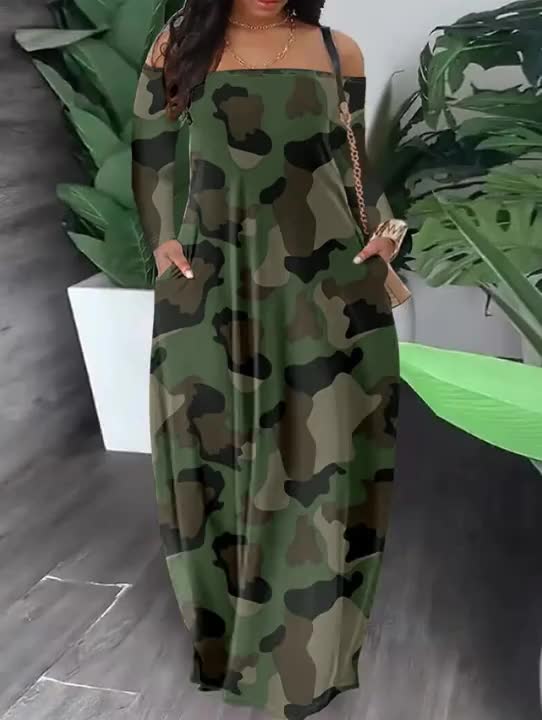 army fatigue maxi dress Military Green Camouflage Print Off-Shoulder Plus Size Women's Casual  Dress, Long Sleeve Dress, Mother's Day Elegant